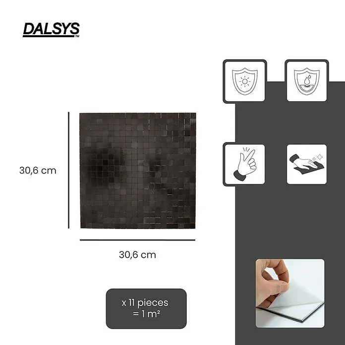 Dalsys Wandfliese 1m² Selbstklebende Fliesen Aluoptik Quadrat 11 Stück Dunkelbraun - 30,6 x 30,6 cm, Braun - Dunkle quadratische Mosaikfliesenplatte, 30,6x30,6 cm, selbstklebend, UV-/wasserbeständig, leicht zu reinigen/montieren.