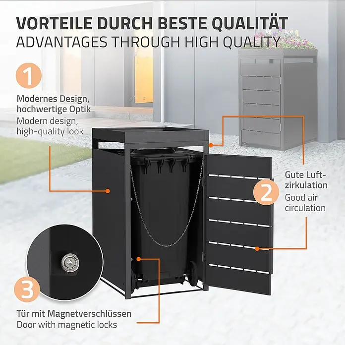 ML-Design Mülltonnenbox 1er 240L mit Pflanzdach und Magnetverschluss 68x80x124 cm Anthrazit - Stahl, Anthrazit, Geeignet für Anzahl Mülltonnen: 1 Stk. - Schwarze Metall-Mülltonnenbox, modernes Design, belüftet, mit Magnetverschlüssen. Als Pflanzkasten nutzbar.
