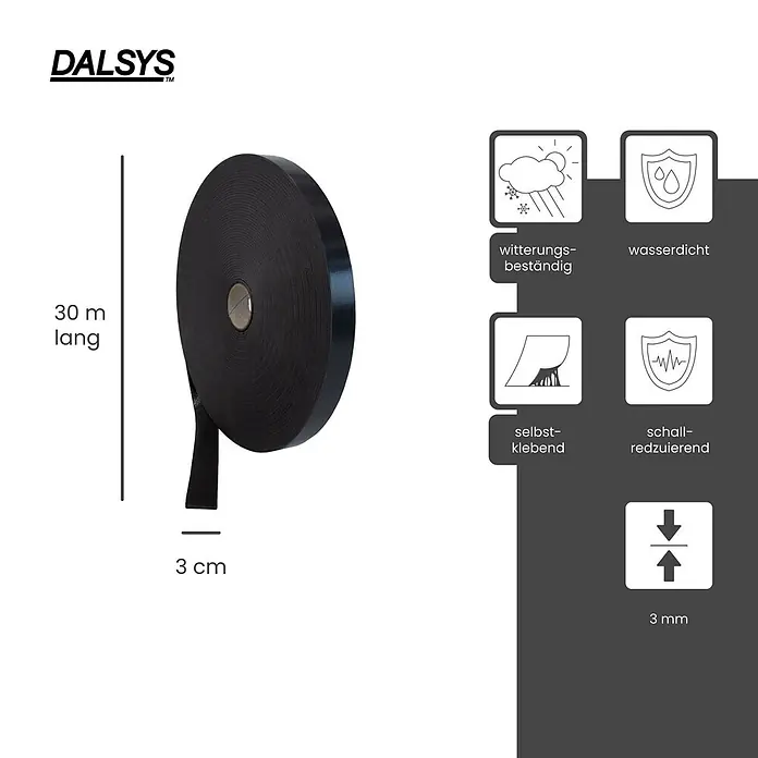 Dalsys Trennwandband 30m Abdeckband selbstklebend 30mm Schwarz - 30.000 x 30 mm - Schwarze Schaumstoffbandrolle, 30m x 3cm x 3mm. Wetterfest, wasserdicht, selbstklebend, schallreduzierend.