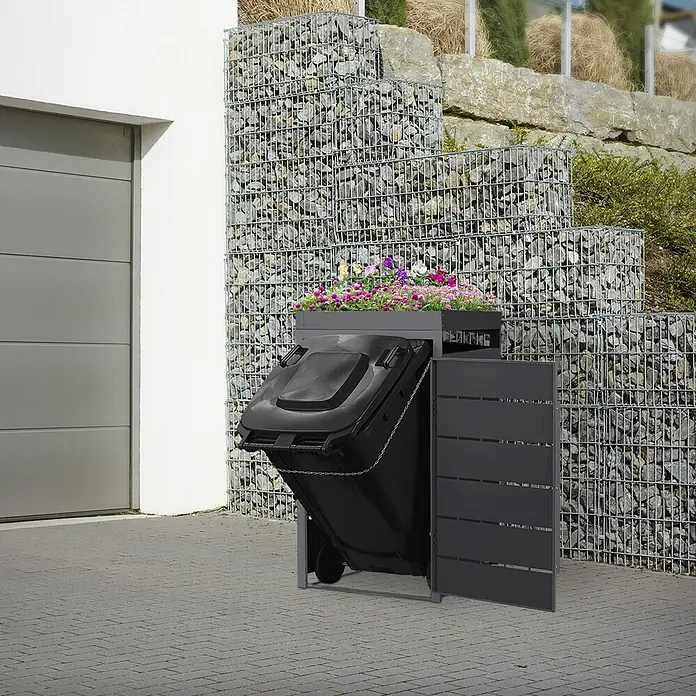 ML-Design Mülltonnenbox 1er 240L mit Pflanzdach und Magnetverschluss 68x80x124 cm Anthrazit - Stahl, Anthrazit, Geeignet für Anzahl Mülltonnen: 1 Stk. - Anthrazitfarbene Mülltontonnenbox mit Lamellentür und integriertem Pflanzgefäß, in der eine gekippte schwarze Mülltonne steht.