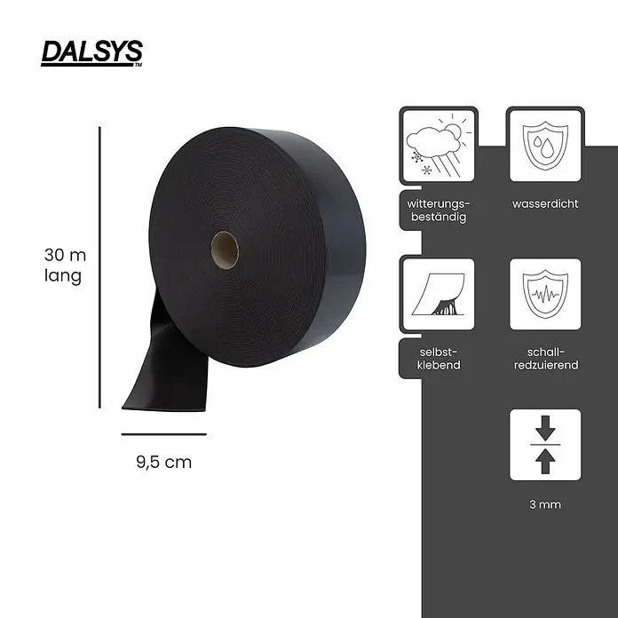 Dalsys Trennwandband 30m Abdeckband selbstklebend 95mm Schwarz - 30.000 x 95 mm - Schwarzes selbstklebendes Schaumstoff-Dichtband, 9,5 cm breit, 30 m lang, wetterfest, wasserdicht, schalldämmend, 3 mm dick.