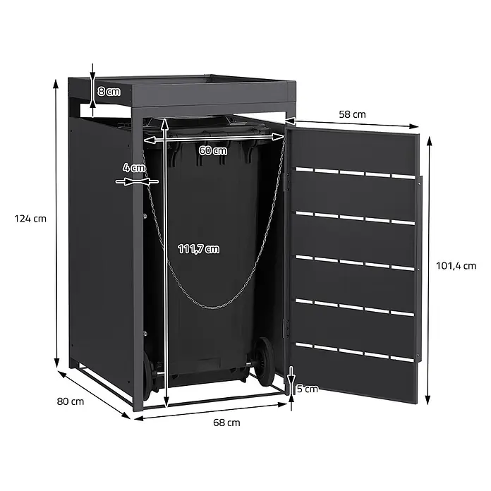 Mülltonnenbox 1er mit Pflanzdach 240L 68x80x124 cm Anthrazit aus Stahl -  - Dunkelgraue Metall Mülltonnenbox, geöffnet mit Tonne und Maßen abgebildet.