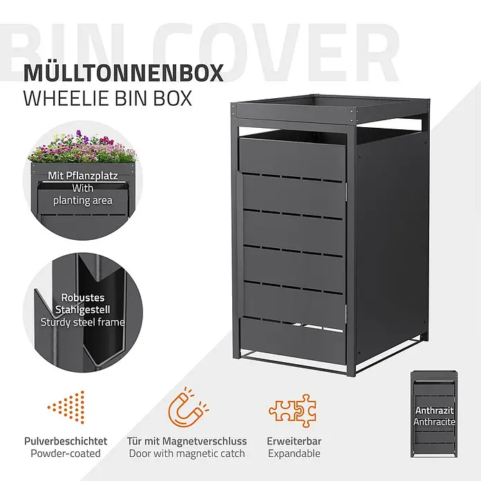 Mülltonnenbox 1er mit Pflanzdach 240L 68x80x124 cm Anthrazit aus Stahl -  - Anthrazitfarbene pulverbeschichtete Stahl Mülltonnenbox mit Pflanzbereich, Magnetverschluss und erweiterbarem Design.