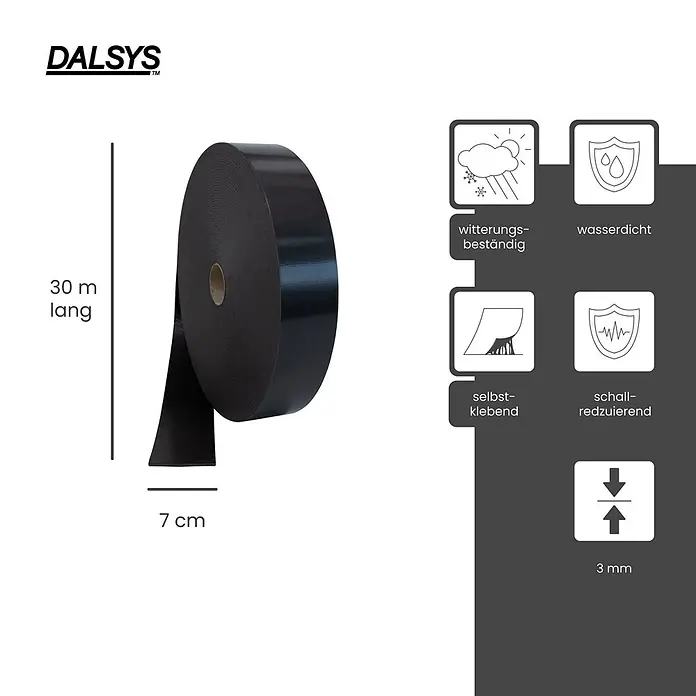 Dalsys Trennwandband 30m Abdeckband selbstklebend 70mm Schwarz - 30.000 x 70 mm - Schwarzes, selbstklebendes Isolierband auf Rolle (30m lang, 7cm breit, 3mm dick), wetterfest und schalldämmend.