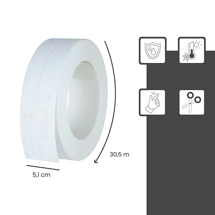 Strait-Flex Kantenschutz für Trockenbau 30m Tuff Tape Eckschiene, Kantenschutz Weiß - Weiß - Weißes Klebeband, 5,1 cm breit und 30,5 m lang, mit Symbolen für Wasserdichtigkeit, Temperaturbeständigkeit und einfache Anwendung.