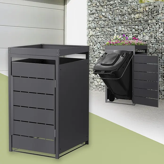 Mülltonnenbox 1er mit Pflanzdach 240L 68x80x124 cm Anthrazit aus Stahl -  - Dunkelgraue Mülltonnenbox aus Metall, einzeln und mit einer schwarzen Mülltonne und Blumen darauf in Außenumgebung gezeigt.
