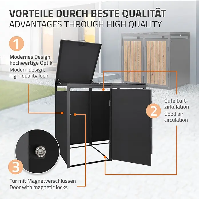 ML-Design Mülltonnenbox 2er 240L 132x80x120 cm Anthrazit-Holzoptik Müllbox -  - Dunkelgrauer Metall-Mülleimer-Schrank mit geöffnetem Deckel und Türen, der modernes Design, Luftzirkulation und magnetische Türschlösser hervorhebt.