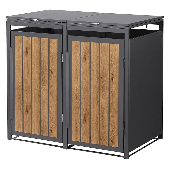 ML-Design Mülltonnenbox 2er 240L 132x80x120 cm Anthrazit-Holzoptik Müllbox -  - Doppelte Mülltonnenbox mit dunkelgrauem Metallrahmen und zwei Türen mit Holzlatten, oben mit aufklappbarer Oberseite.