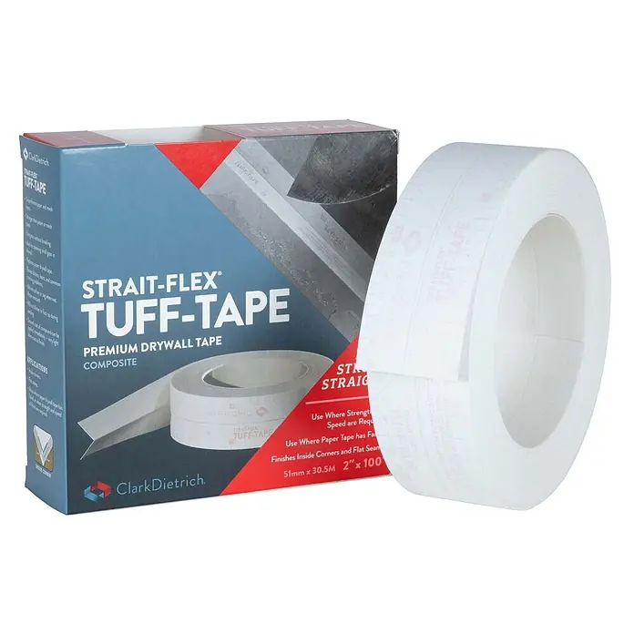 Strait-Flex Kantenschutz für Trockenbau 30m Tuff Tape Eckschiene, Kantenschutz Weiß - Weiß - Weißes Strait-Flex Tuff-Tape Premium-Verbund-Trockenbau-Klebeband, aufgerollt und mit blauer und roter Produktverpackung, zum Verfugen von Trockenbauwänden.