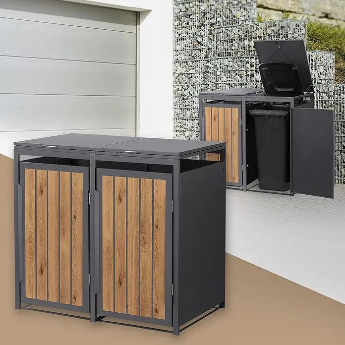 ML-Design Mülltonnenbox 2er 240L 132x80x120 cm Anthrazit-Holzoptik Müllbox -  - Grauer Metall-Mülltonnenbox mit Holz-Look-Türen, eine Einheit offen mit schwarzer Tonne, im Außenbereich.