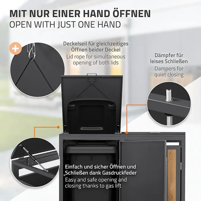 ML-Design Mülltonnenbox 2er 240L 132x80x120 cm Anthrazit-Holzoptik Müllbox -  - Dunkelgraue Outdoor-Aufbewahrungsbox mit geöffnetem Deckel, die Einhandöffnungsfunktionen wie Gasfeder, Deckelseil und Dämpfer hervorhebt.