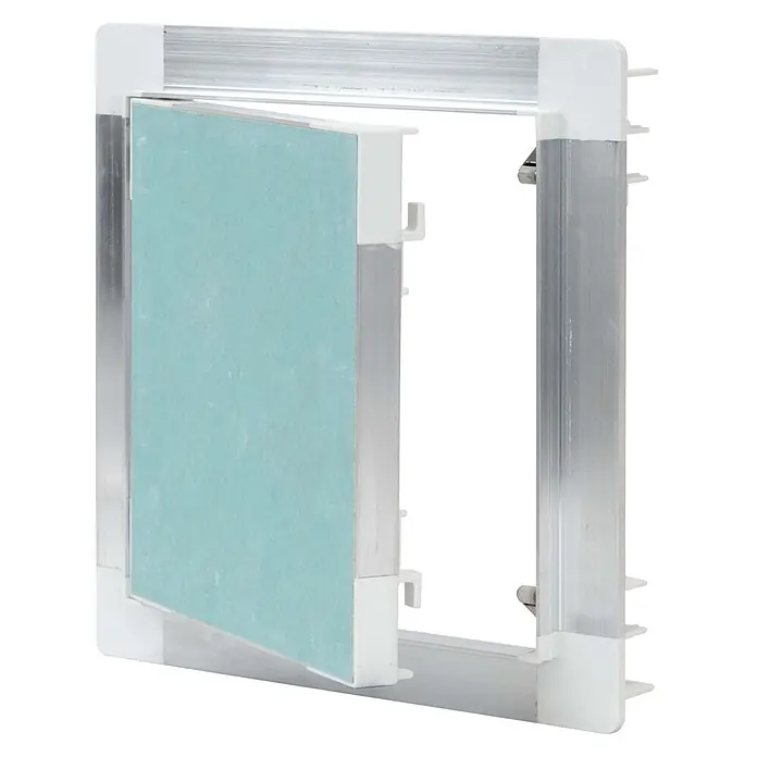Protektor Montagezubehör für Trockenbau 20cm x 20cm Revisionsklappe Alu Rahmen 12mm GK-Einlage Silber -  - Teilweise geöffnete Revisionsklappe mit silbernem Aluminiumrahmen und hellblau/grüner Gipskartoneinlage.