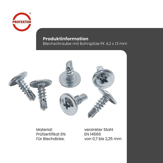 Protektor Montagezubehör für Trockenbau 1000x Blechschraube 4,2mm x 13mm Bohrspitze Silber -  - Fünf verzinkte Blechschrauben mit Bohrspitze und Kreuzschlitz für Blech.