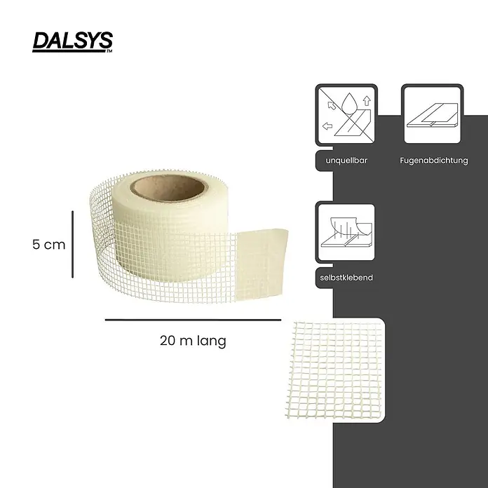 Dalsys Fugenband 20m Gewebeband 5cm, für Innenbau Weiß - 20.000 x 50 mm - Helles, selbstklebendes Armierungsgewebe 5 cm breit, 20 m lang, unquellbar für Fugenabdichtung.