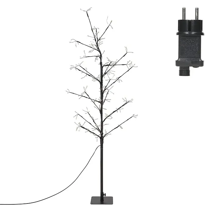 LED-Baum 120 cm 240LED Warmweiß Timer Außen Flexibel Zweige -  - Schwarzer LED-Zweige-Baum mit weißen Lichtern und schwarzem Netzteil.