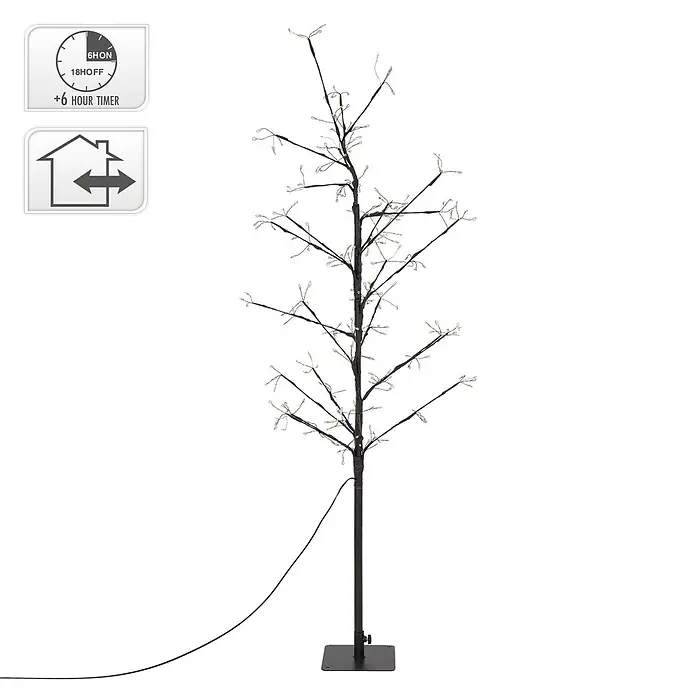 LED-Baum 120 cm 240LED Warmweiß Timer Außen Flexibel Zweige -  - Schwarzer LED-Deko-Baum mit kleinen Lichtern, quadratischem Sockel, Netzkabel und 6-Stunden-Timer für Innen- und Außenbereich.