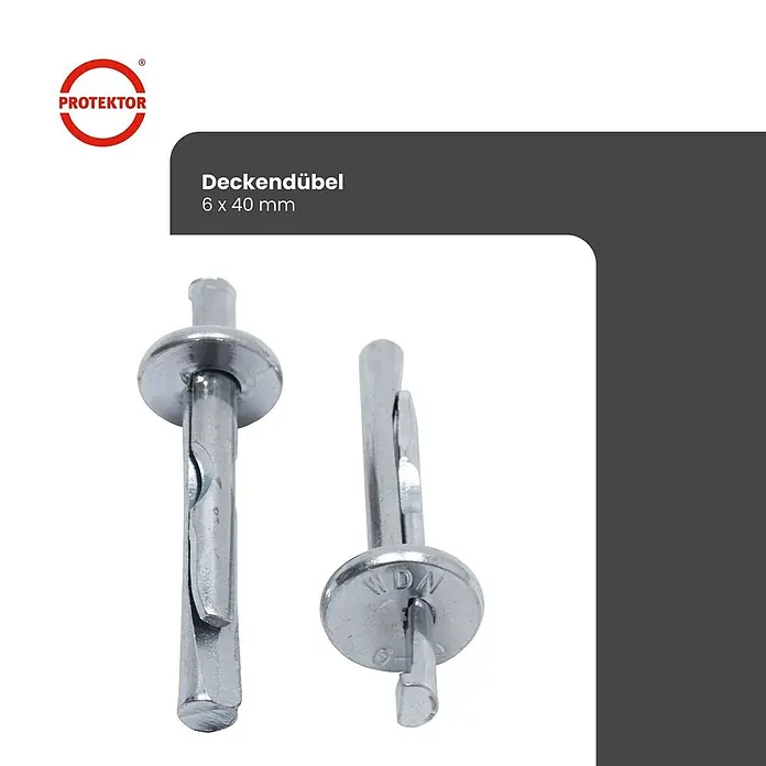 Protektor Montagezubehör für Trockenbau 100x Deckennagel 6mm x 40mm A1 Silber -  - Zwei silberne Metalldeckendübel der Größe 6x40mm, einer stehend und einer liegend.