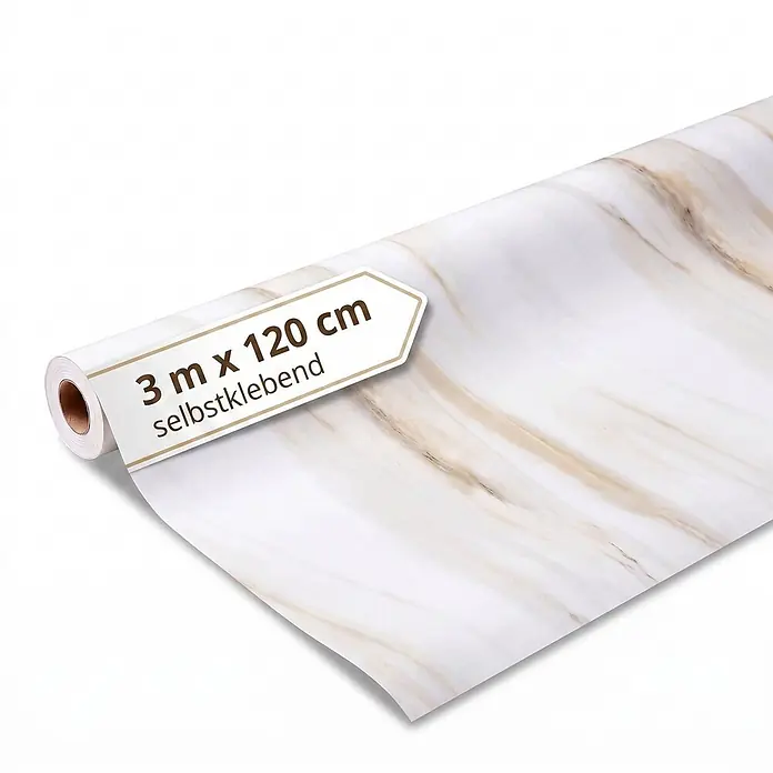 Dalsys Wandpaneel - 3.000 x 1.200 mm - Rolle selbstklebende Folie mit weiß-goldenem Marmormuster, 3 m x 120 cm.