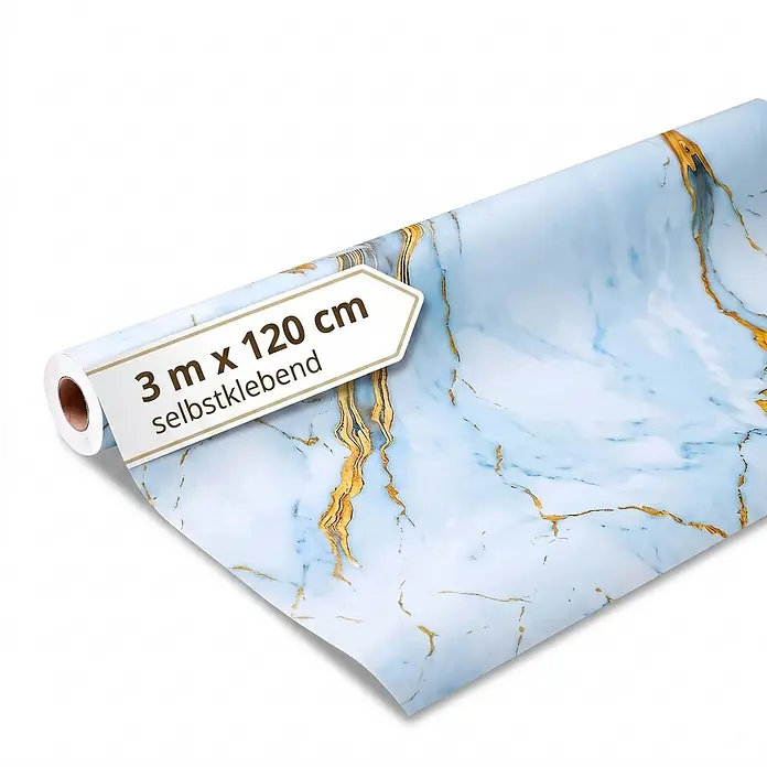 Dalsys Wandpaneel - 3.000 x 1.200 mm - Selbstklebende Folie in hellblauem Marmor-Design mit Goldadern, 3m x 120cm.