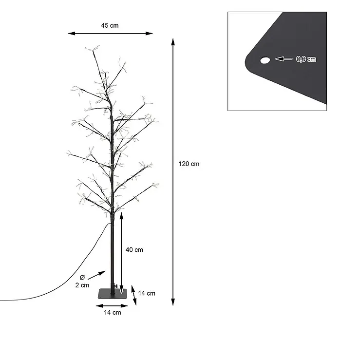 LED-Baum 120 cm 240LED Warmweiß Timer Außen Flexibel Zweige -  - Dekorativer Baum mit dunklen Ästen und weißen Lichtern, 120 cm hoch, auf einem 14x14 cm Sockel. Mit flexiblen Zweigen und 0,6 cm Befestigungsloch.