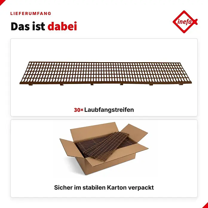 Inefa Dachrinne 30x Laubfangstreifen 100cm NW100-150 (Ø100-160mm) Laubschutz Braun - Nennweite: 100 mm, Länge: 100 cm, Kunststoff, Braun - Braune, gitterartige Laubfangstreifen, einzeln und im Karton verpackt dargestellt.
