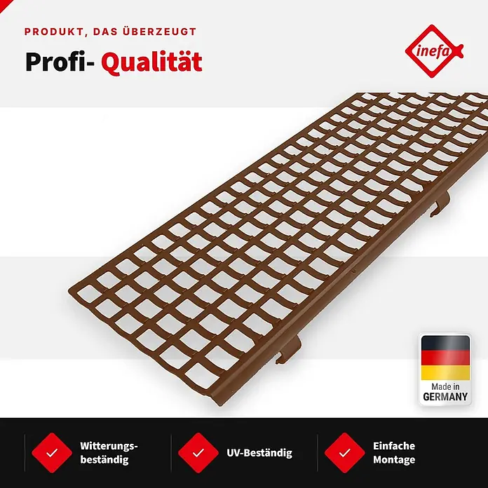 Inefa Dachrinne 30x Laubfangstreifen 100cm NW100-150 (Ø100-160mm) Laubschutz Braun - Nennweite: 100 mm, Länge: 100 cm, Kunststoff, Braun - Braune Gittermatte für Entwässerung oder Bodenstabilisierung, wetter- und UV-beständig.