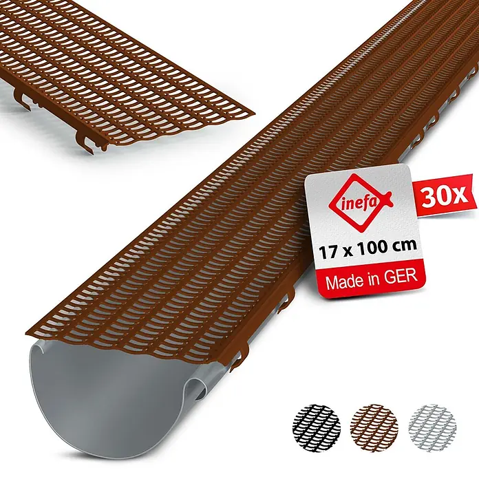 Inefa Dachrinne 30x Laubfangstreifen 100cm NW100-150 (Ø100-160mm) Laubschutz Braun - Nennweite: 100 mm, Länge: 100 cm, Kunststoff, Braun - Braune Inefa Laubfanggitter (30x, 17x100 cm) zum Schutz der Dachrinne. Hergestellt in Deutschland.