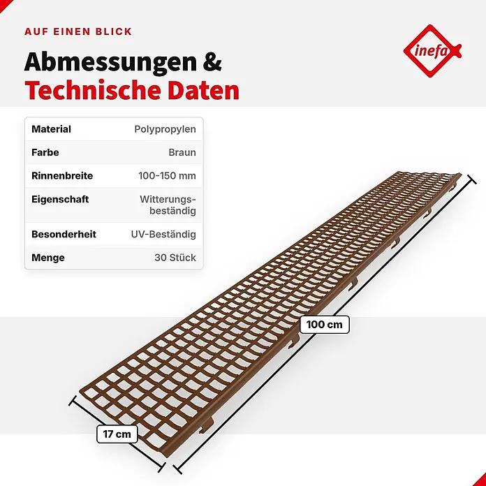 Inefa Dachrinne 30x Laubfangstreifen 100cm NW100-150 (Ø100-160mm) Laubschutz Braun - Nennweite: 100 mm, Länge: 100 cm, Kunststoff, Braun - Braunes Polypropylen-Rost für Entwässerungsrinnen, 100x17 cm, witterungs- und UV-beständig, für 100-150 mm Rinnen.