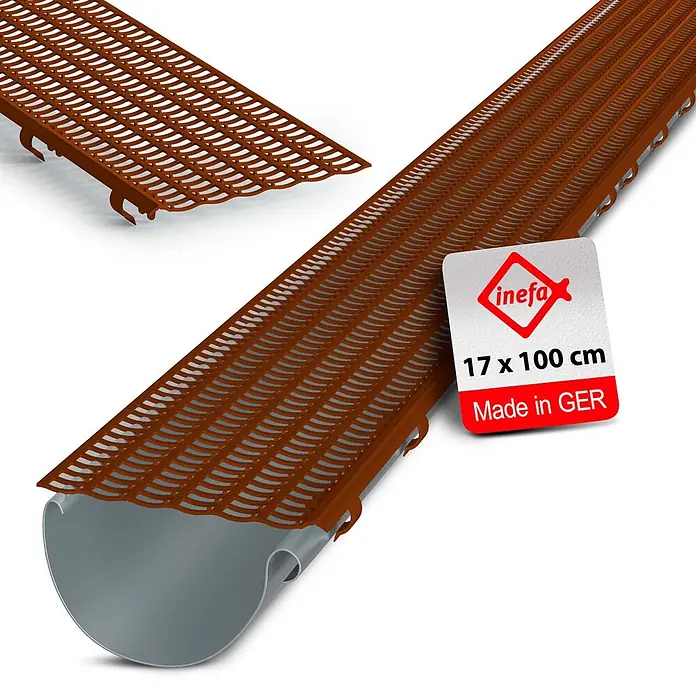 Inefa Dachrinne 100cm Laubfangstreifen NW100 - 150 Laubschutz Braun - Nennweite: 100 mm, Länge: 100 cm, Kunststoff, Braun - Braunes gelochtes Kunststoff-Rinnenschutzgitter, 17x100 cm, für Dachrinnen.