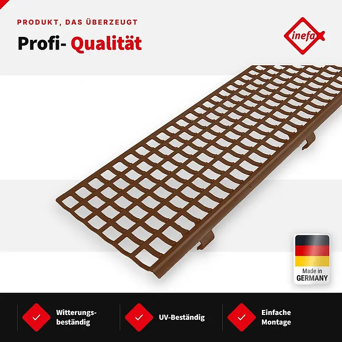 Inefa Dachrinne 100cm Laubfangstreifen NW100 - 150 Laubschutz Braun - Nennweite: 100 mm, Länge: 100 cm, Kunststoff, Braun - Braunes, rechteckiges Gitter, wahrscheinlich ein Dachrinnenrost oder eine Abdeckung für Entwässerungssysteme.