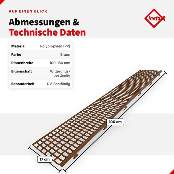 Inefa Dachrinne 100cm Laubfangstreifen NW100 - 150 Laubschutz Braun - Nennweite: 100 mm, Länge: 100 cm, Kunststoff, Braun - Braunes Polypropylen Rinnengitter, 100 cm lang, 17 cm breit, witterungs- und UV-beständig.