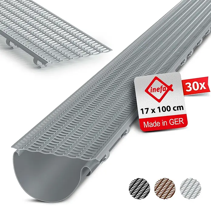 Inefa Dachrinne 30x Laubfangstreifen 100cm NW100-150 (Ø100-160mm) Laubschutz Grau - Nennweite: 100 mm, Länge: 100 cm, Kunststoff, Silber - Hellgrauer Kunststoff-Dachrinnenschutz mit Gitterdesign, 17x100 cm. Packung mit 30 Stück.