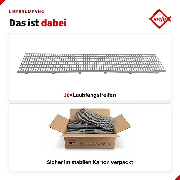 Inefa Dachrinne 30x Laubfangstreifen 100cm NW100-150 (Ø100-160mm) Laubschutz Grau - Nennweite: 100 mm, Länge: 100 cm, Kunststoff, Silber - Graue Polypropylen Dachrinnengitter als Laubsperre, einzeln und im 30er-Karton.