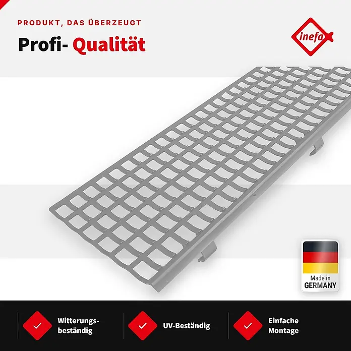 Inefa Dachrinne 30x Laubfangstreifen 100cm NW100-150 (Ø100-160mm) Laubschutz Grau - Nennweite: 100 mm, Länge: 100 cm, Kunststoff, Silber - Graues, rechteckiges Gitterrost für Entwässerungsrinnen.