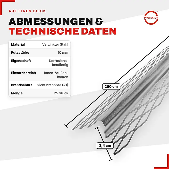 Protektor Kantenprofil 1007 Innenputz 25x 260cm x 10mm verzinktem Stahl Silber -  - Verzinktes Stahl Eckprofil, 260 cm lang und 3,4 cm breit, für Innen-/Außenputzkanten. Korrosionsbeständig, nicht brennbar.