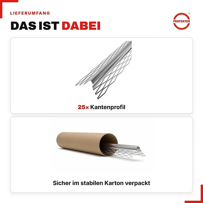 Protektor Kantenschutz für Trockenbau 25x Kantenprofil 200cm x 10mm Innenputz Silber 1007 - Silber - 25 Kantenprofile aus Metall, sicher verpackt in einem stabilen Kartonrohr.