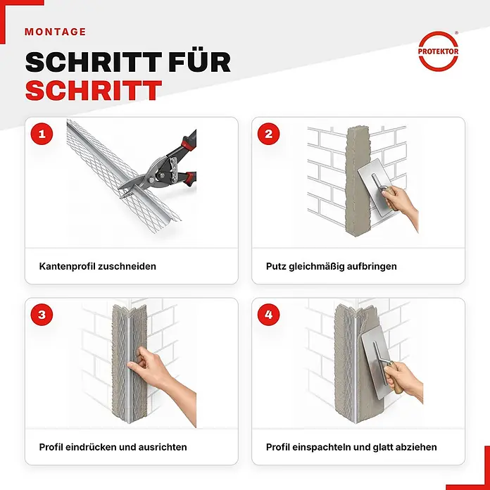 Protektor Kantenschutz für Trockenbau 25x Kantenprofil 200cm x 10mm Innenputz Silber 1007 - Silber - Schritt-für-Schritt-Anleitung zur Montage eines Putz-Eckprofils. Zeigt Zuschneiden, Putzauftrag, Einbetten und Glätten des Profils.