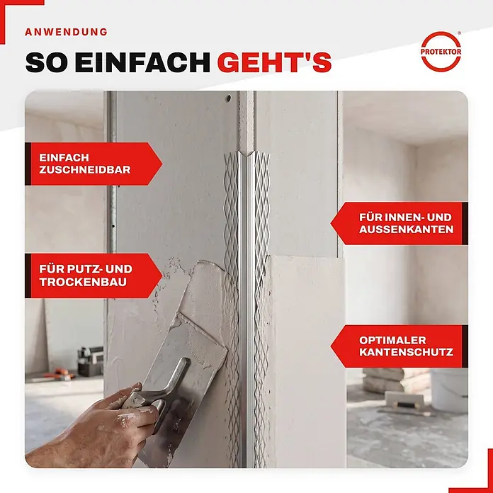Protektor Kantenschutz für Trockenbau 25x Kantenprofil 200cm x 10mm Innenputz Silber 1007 - Silber - Metalleckprofil wird an einer Wand verputzt, bietet optimalen Kantenschutz für Putz- und Trockenbau, innen und außen.