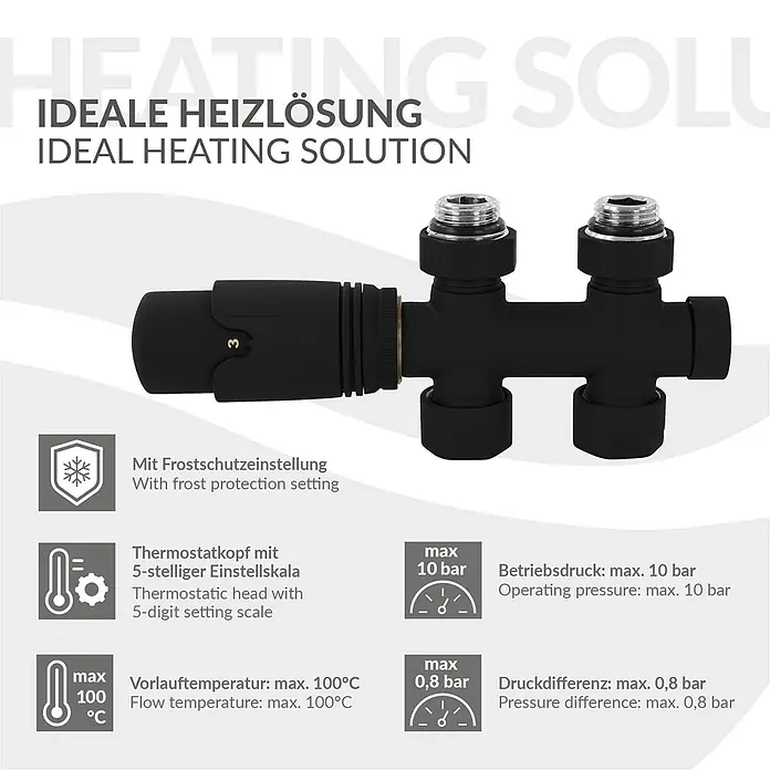 Anschlussgarnitur Badheizkörper Mittelanschluss Durchgangsform Schwarz -  - Schwarzes Thermostat-Heizungsventil mit Frostschutz und 5-stelliger Einstellskala.