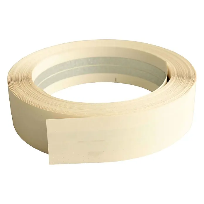 Dalsys Kantenschutz für Trockenbau 30m Kantenschutz 5cm Trockenbau Weiß - Weiß - Rolle hellbeiges Klebe-Kantenband mit grauen Streifen auf der Rückseite.