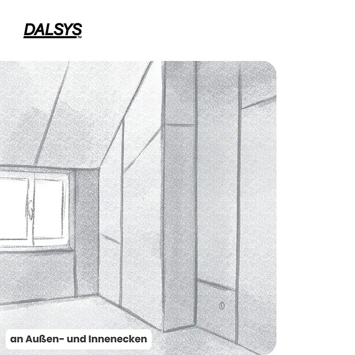 Dalsys Kantenschutz für Trockenbau 30m Kantenschutz 5cm Trockenbau Weiß - Weiß - Bleistiftskizze eines Raumes mit Schrägen, die die Installation an Außen- und Innenecken zeigt.