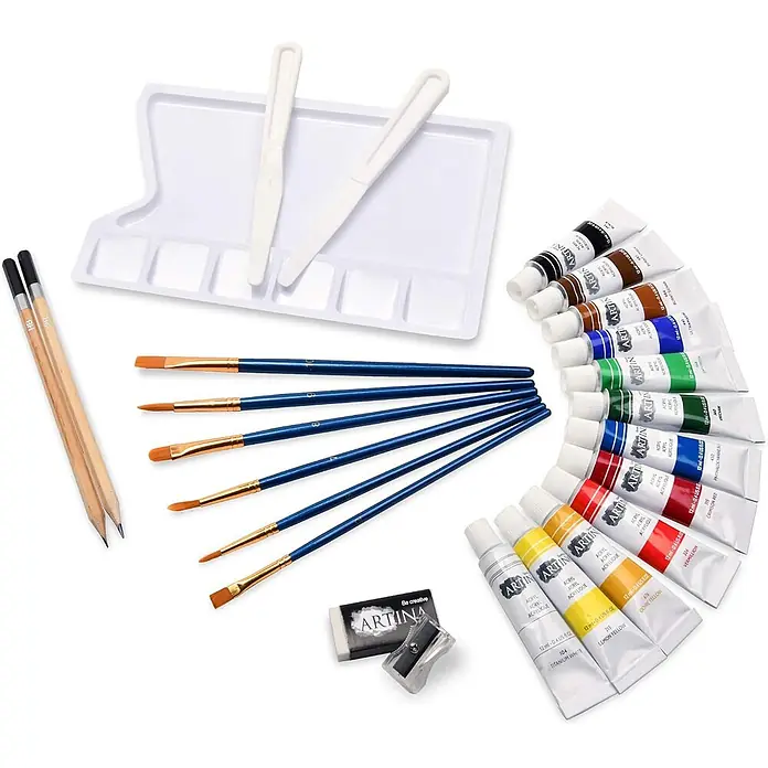 30tlg Malset Santorini inkl Holzstaffelei für Leinwände bis 100cm -  - Kompletter Malkasten mit Acrylfarben, Pinseln, Bleistiften, Radiergummi, Spitzer und einer weißen Mischpalette mit Spachteln.