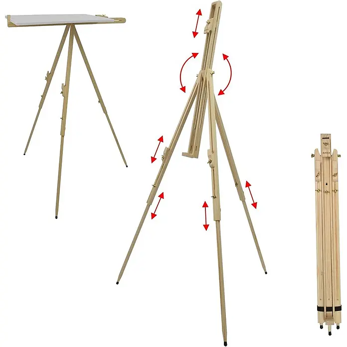 30tlg Malset Santorini inkl Holzstaffelei für Leinwände bis 100cm -  - Verstellbare Staffelei aus hellem Holz, vertikal und horizontal aufgebaut sowie zusammengeklappt für den Transport.