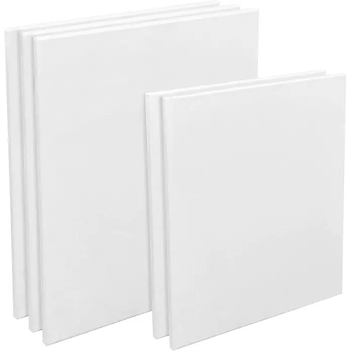 30tlg Malset Santorini inkl Holzstaffelei für Leinwände bis 100cm -  - Zwei Stapel leerer weißer Leinwände zum Malen.