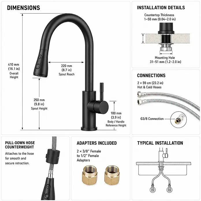 SONNENH Spültischarmatur - Schwarz, Matt - Schwarze ausziehbare Küchenarmatur mit gebogenem Auslauf und Einhebelgriff, mit Maßen und Installationsdetails.