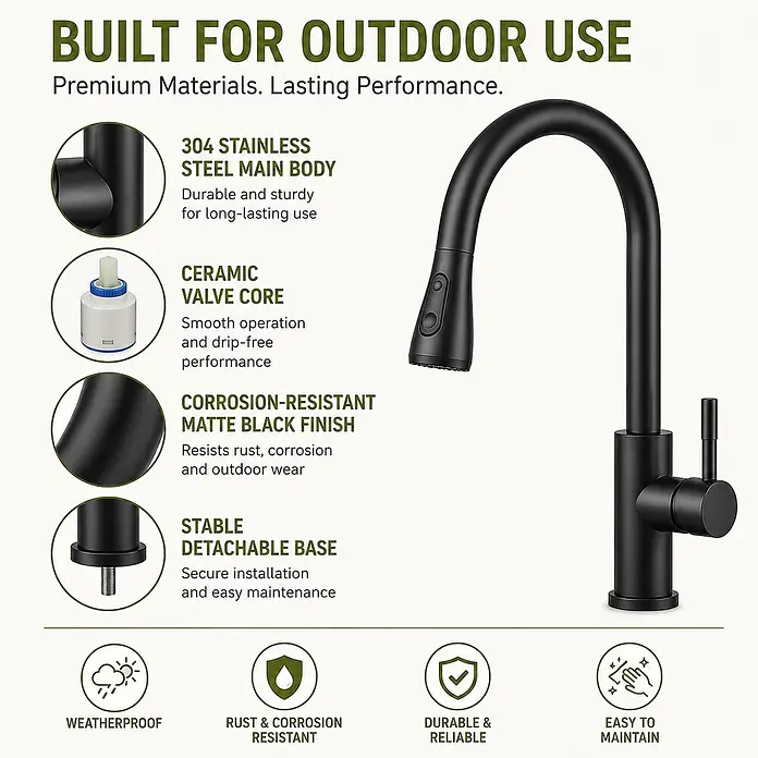 SONNENH Spültischarmatur - Schwarz, Matt - Mattschwarzer Outdoor-Wasserhahn aus 304 Edelstahl, langlebig und korrosionsbeständig für den Außenbereich.