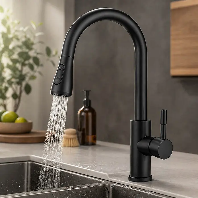 SONNENH Spültischarmatur - Schwarz, Matt - Mattschwarze Küchenarmatur mit ausziehbarer Brause, die Wasser in eine Doppelspüle abgibt.
