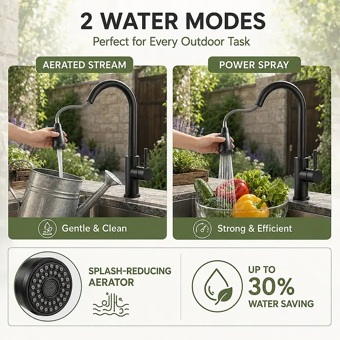 SONNENH Spültischarmatur - Schwarz, Matt - Ein schwarzer Outdoor-Wasserhahn zeigt zwei Wassermodi: Sprudelstrahl zum Befüllen einer Gießkanne und Power-Duschstrahl zum Waschen von Gemüse.