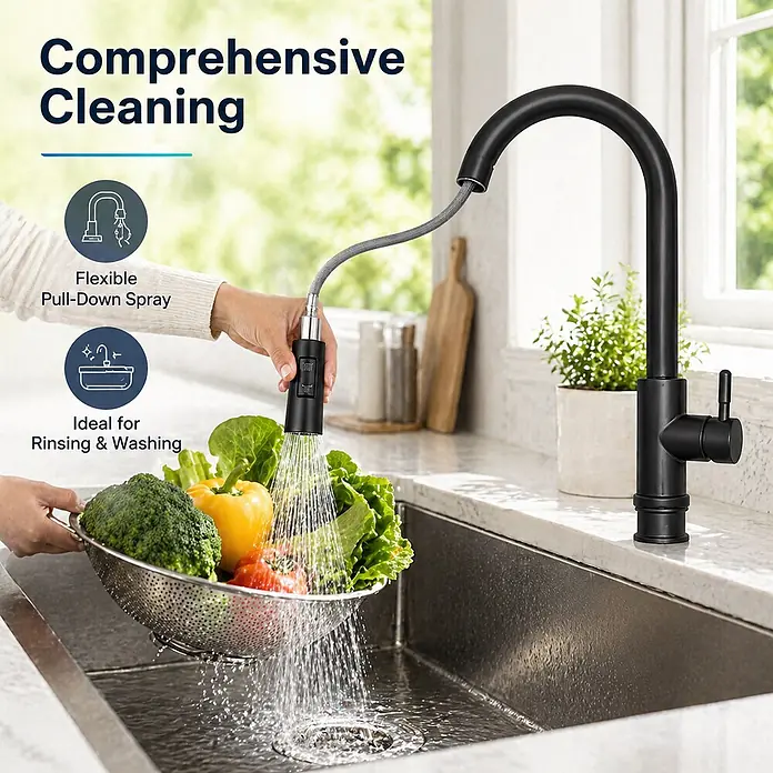 SONNENH Spültischarmatur SHP-BLACK-004 Schwarz -  - Mattschwarze Küchenarmatur mit herausziehbarem Brausekopf spült Gemüse in Edelstahlspüle.