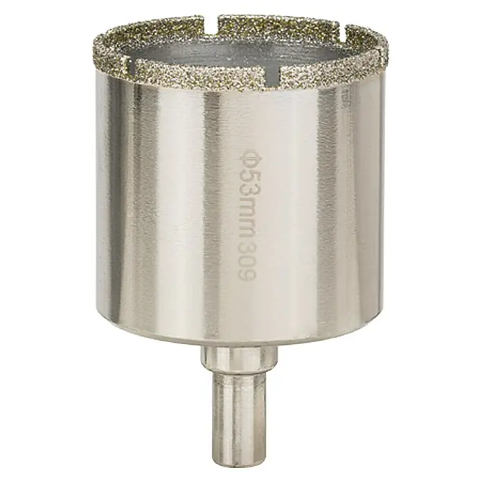Craftomat Diamant-Lochsäge Keramik - 53 mm, Schnitttiefe: Max. 35 mm - Das Bild zeigt einen zylindrischen Diamantbohrer mit einem Durchmesser von 53 mm und einer Aufnahme für Bohrmaschinen.